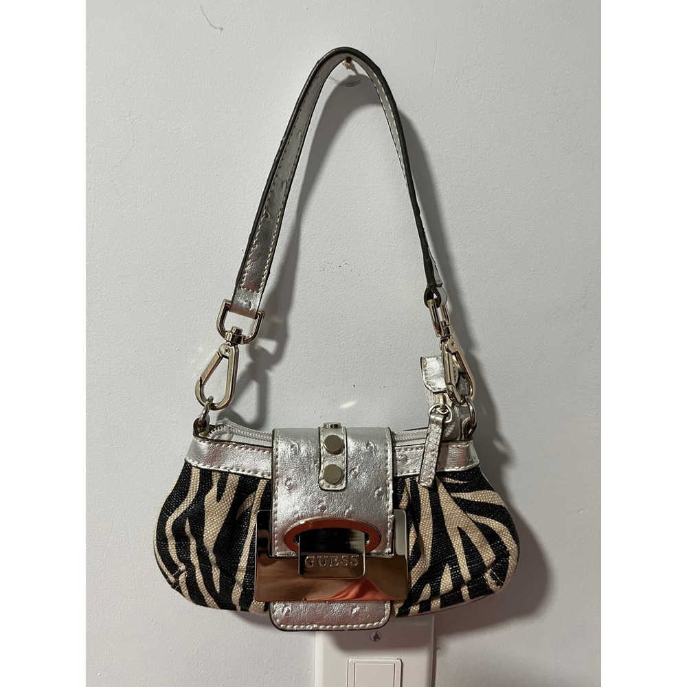 Rare Vintage Guess Zebra Print Mini Bag Silver Ostrich Trim Y2K Baguette Handbag